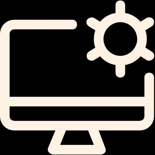 Icône de couleur crème représentant un écran d'ordinateur associé à une roue dentée, symbolisant l'e-learning.