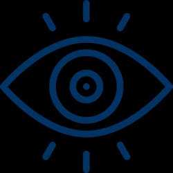 Icône représentant un œil avec des rayons autour, symbolisant la vue ou l'observation.