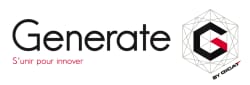 Logo de Generate avec le texte 'S'unir pour innover' et une illustration géométrique en arrière-plan.