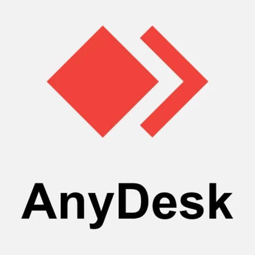 Logo AnyDesk rouge et noir : un losange plein suivi de deux chevrons rouges, au-dessus du nom « AnyDesk ».