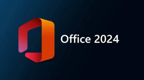 Logo coloré de Microsoft Office accompagné du texte « Office 2024 » sur un fond bleu foncé.