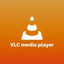 Logo blanc du lecteur multimédia VLC sur un fond dégradé orange, avec l’inscription « VLC media player ».