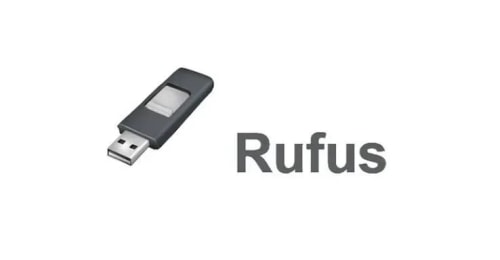 Clé USB noire affichée à gauche, accompagnée du mot « Rufus » en lettres grises.