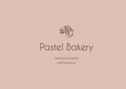 Logo de Pastel Bakery, avec un design simple incluant un croissant et le texte 'Pastel Bakery' en grandes lettres, suivi de 'Sandwicherie Artisanale' en plus petit, sur fond rose.