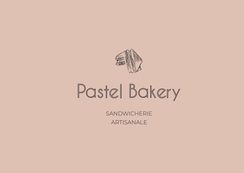 Logo de Pastel Bakery, avec un design simple incluant un croissant et le texte 'Pastel Bakery' en grandes lettres, suivi de 'Sandwicherie Artisanale' en plus petit, sur fond rose.