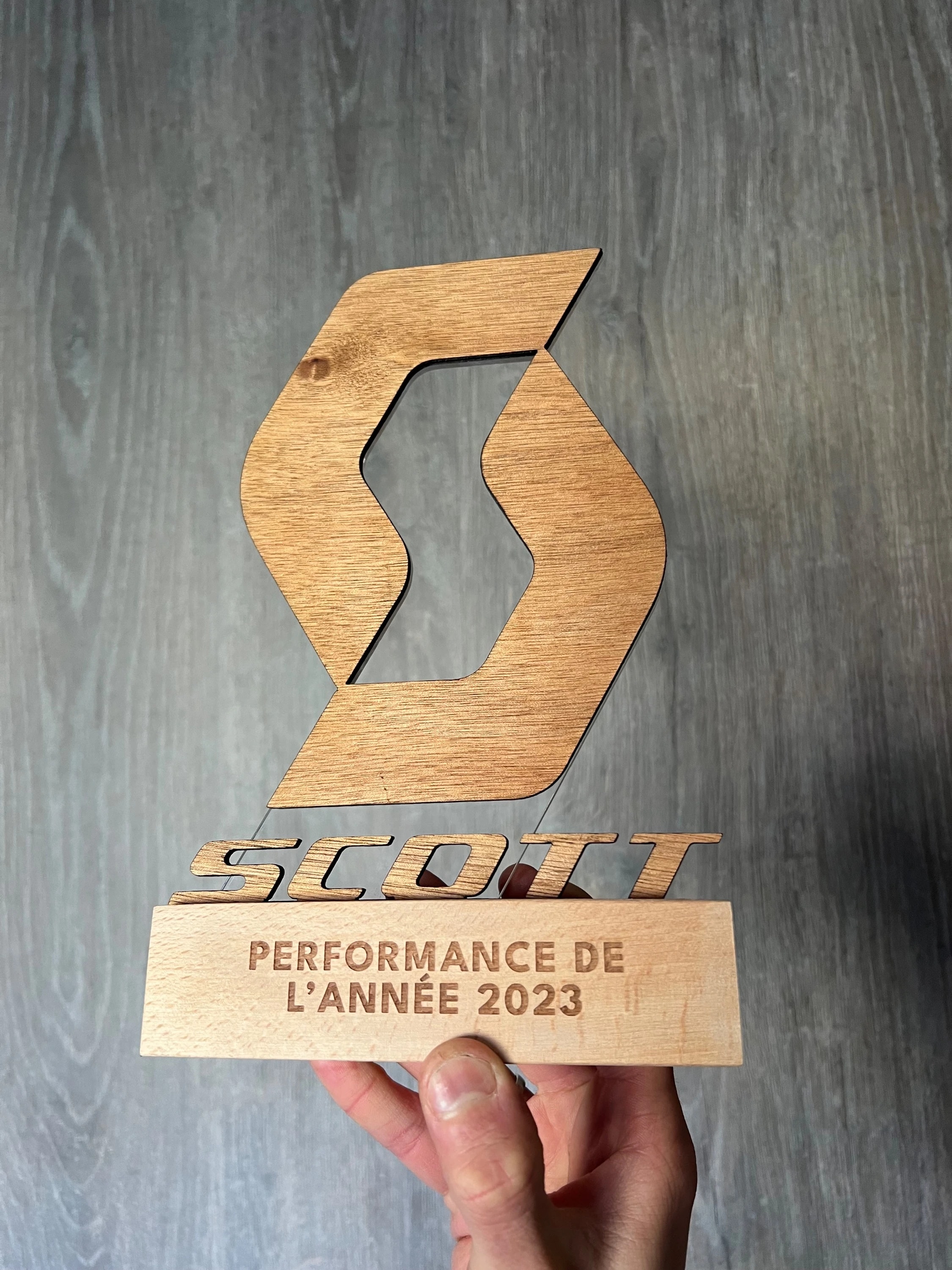 Trophée en bois et plexiglass sur mesure fabriqué en France. Récompense bois sur durable personnalisée.
