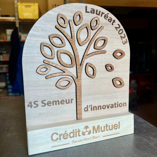 Trophée en bois personnalisé fabriqué en France. Récompense sur mesure en bois local made in France.