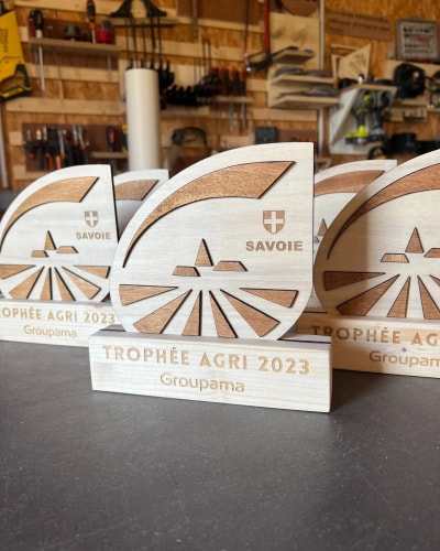 Trophée en bois sur mesure fabriqué en Savoie. Récompense entreprise en bois personnalisable.