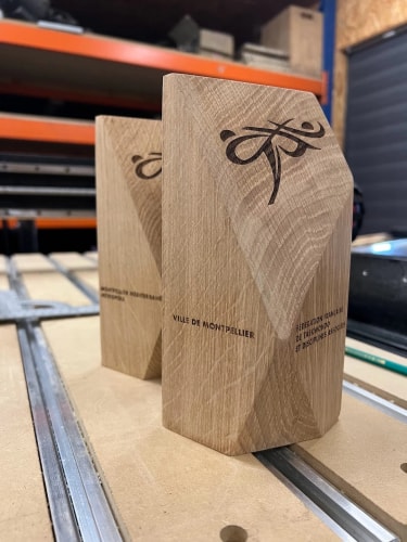 Trophée en bois massif sur mesure fabriqué en Savoie. Récompense événement en bois personnalisable.