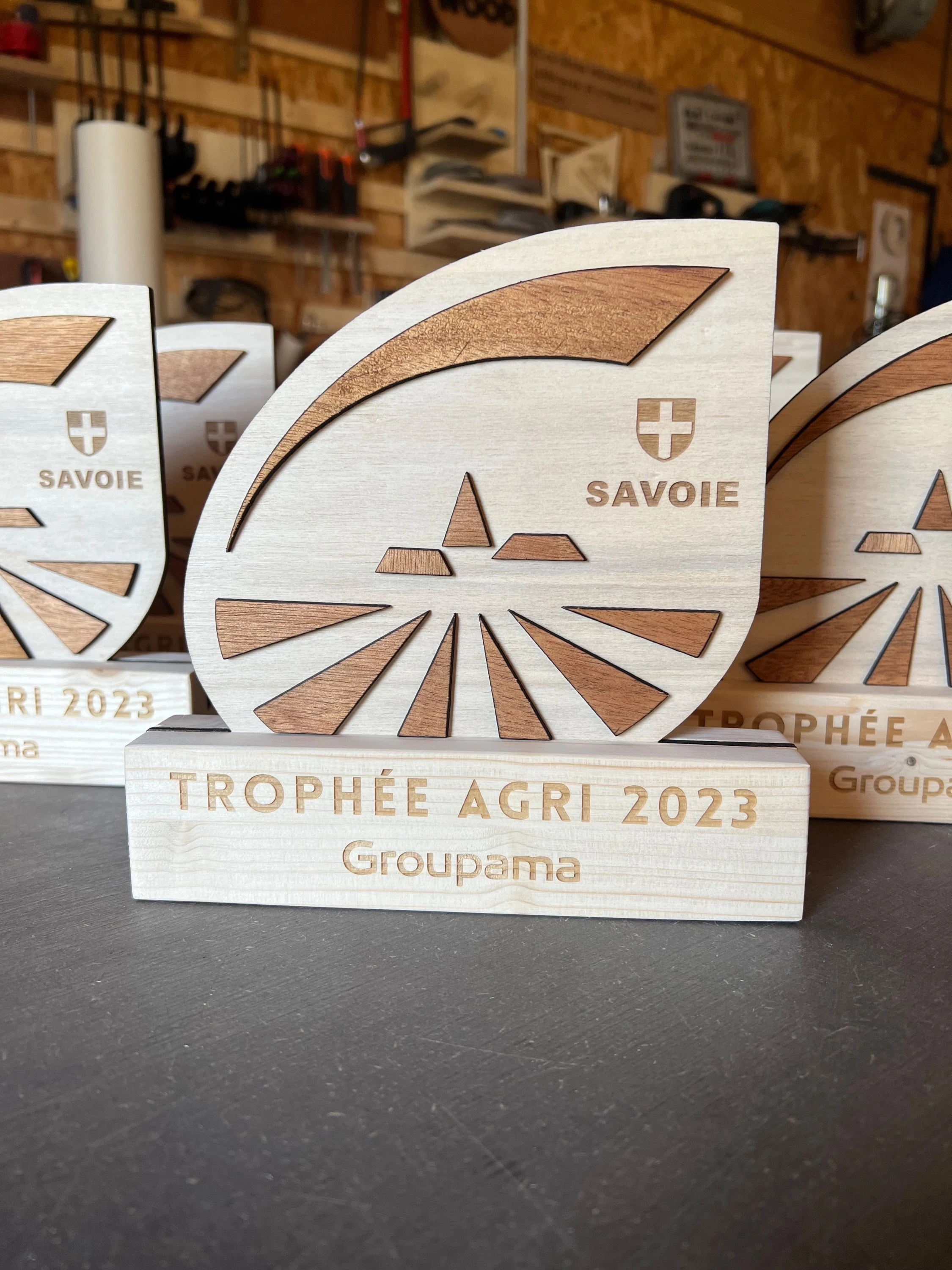 Trophée en bois sur mesure fabriqué en France. Récompense course en bois personnalisable.