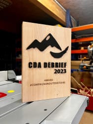 Trophée durable en bois massif sur mesure fabriqué en Savoie. Récompense podium personnalisable, responsable et made in France.