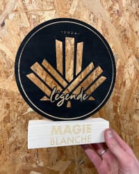 Trophée en bois teinté sur mesure pour récompense. Récompense podium personnalisée en bois fabriquée en Savoie.