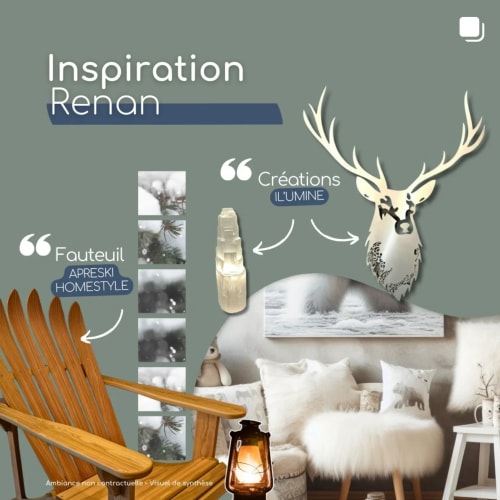 Une scène décorative avec un fauteuil en bois, des créations murales incluant un cerf, et des éléments évoquant un style homely. Le texte inclut 'Inspiration Renan' et 'Créations l'illumine'.