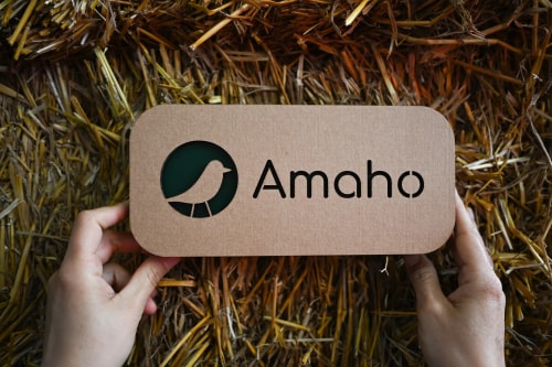 Deux mains tenant une boîte rectangulaire en carton avec le mot 'Amaho' et une silhouette d'oiseau, sur un fond de paille.