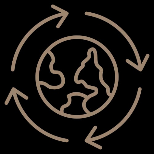 Icône représentant la planète Terre entourée de flèches, pour illustrer l'aspect durable et éthique d'Amaho