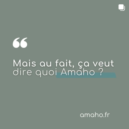 Texte sur fond vert : "Mais au fait, ça veut dire quoi Amaho ?" et l'URL amaho.fr.