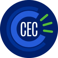 Logo circulaire bleu marine affichant les lettres blanches CEC au centre, entourées d'arcs de cercle bleu plus clair et soulignées par trois traits verts rayonnants sur le côté droit.