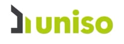 Logo de la marque Uniso composé du nom écrit en lettres vert lime, précédé d'une icône stylisée représentant une maison en gris et vert.