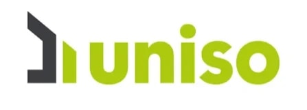 Logo de la marque Uniso composé du nom écrit en lettres vert lime, précédé d'une icône stylisée représentant une maison en gris et vert.