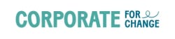 Logo avec le texte CORPORATE en lettres majuscules bleu-vert à gauche, et le texte FOR CHANGE en dessous avec une ligne sinueuse au-dessus, sur fond blanc.