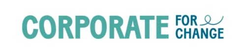 Logo avec le texte CORPORATE en lettres majuscules bleu-vert à gauche, et le texte FOR CHANGE en dessous avec une ligne sinueuse au-dessus, sur fond blanc.