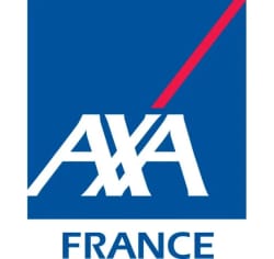 Logo de la compagnie d'assurance AXA avec le mot FRANCE écrit en bleu en dessous sur fond blanc.