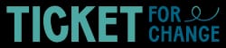 Logo de Ticket for Change avec le mot TICKET en lettres capitales bleu clair et FOR CHANGE en bleu foncé, surmonté d'une ligne courbée.