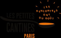 Logo Les Petites Cantines Paris : texte noir sur fond blanc avec une louche orange et le slogan "Les rencontres ont du goût" en orange au-dessus.
