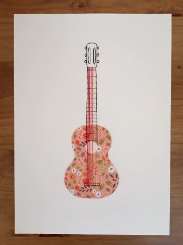 guitare fleurie · affiche brodée