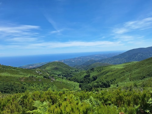 Un paysage de collines verdoyantes couvertes de végétation, avec la mer au loin sous un vaste ciel bleu parsemé de nuages.