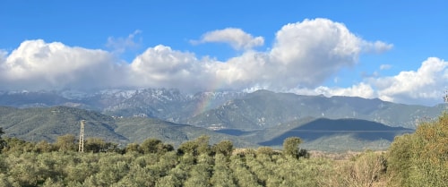 Paysage montagneux sous un ciel bleu nuageux, avec des collines boisées au premier plan et une chaîne de montagnes imposante à l’arrière-plan.