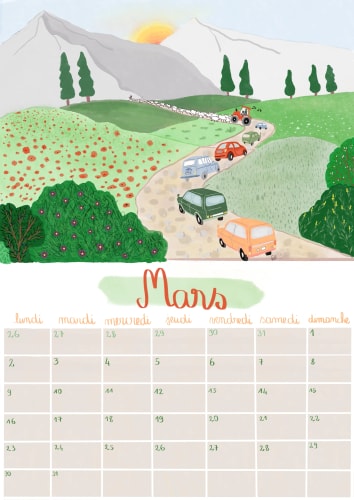 Illustration d’un paysage montagneux avec route sinueuse et voitures, au-dessus d’un calendrier de mars en français.