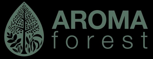 Logo d'Aroma Forest avec une feuille stylisée et le texte en lettres majuscules.