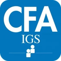 Logo de CFA IGS, avec les lettres CFA en blanc sur fond bleu, et IGS en blanc en dessous, accompagnées d'un symbole représentant des silhouettes de personnes.
