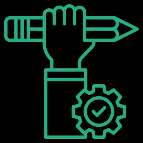 Icône d'une main tenant un crayon avec un engrenage à côté, symbolisant l'écriture et la mécanique.