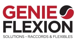 Logo de Genie Flexion, incluant le texte 'GENIE FLEXION' en rouge et noir, avec les mots 'SOLUTIONS - RACCORDS & FLEXIBLES' en noir sous le logo.