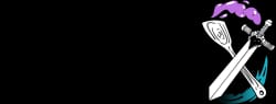 Illustration d’un crâne pirate avec chapeau violet, sabre et os croisés sur fond noir.