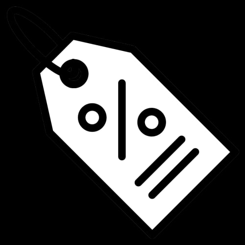 Étiquette blanche avec un symbole de pourcentage noir, attachée par une cordelette.