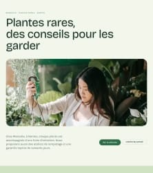 Page web intitulée « Plantes rares, des conseils pour les garder », montrant une femme s’occupant de plantes dans une serre.