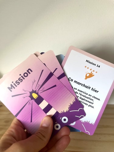 Cartes de jeu violettes « Mission », tenues à la main, avec illustrations de hibou et de renard et texte en français.