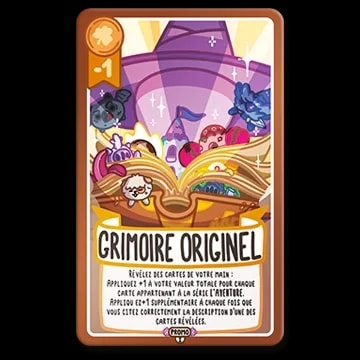 Carte de jeu « Grimoire Originel » illustrée avec un livre magique ouvert, des créatures fantastiques et des effets de texte expliquant un bonus de score lié à la série L'Aventure.
