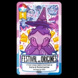 Carte de jeu Festival des Origines. Un personnage violet porte un chapeau de sorcier devant des confettis et des jetons dorés. Le texte indique un bonus basé sur les années d'existence du jeu.