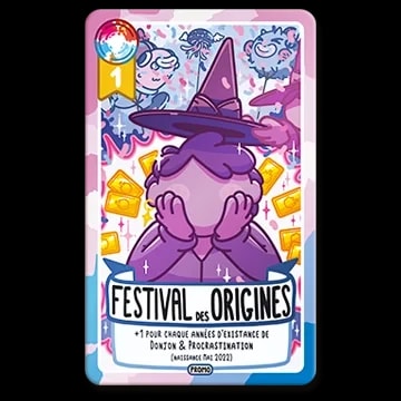 Carte de jeu Festival des Origines. Un personnage violet porte un chapeau de sorcier devant des confettis et des jetons dorés. Le texte indique un bonus basé sur les années d'existence du jeu.