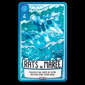Carte de jeu « Rats de marée » illustrant des vagues turbulentes. La carte a un coût de 4, une bordure bleue et le texte : « Renvoyez une carte de votre défausse dans votre main ».