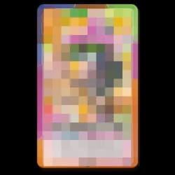 Une carte à jouer rectangulaire fortement pixelisée avec des tons dominants de violet et de rose, encadrée par une bordure sombre, sur un fond noir.