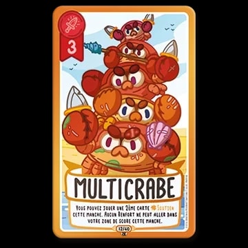 Carte de jeu « Multicrabe » illustrant une pile de quatre crabes guerriers colorés. Le texte indique une capacité spéciale permettant de jouer une deuxième carte soutien et bloque les renforts.