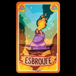 Carte de jeu illustrée montrant un chapeau de sorcière violet flottant sur l'eau, avec le mot ESBROUFE inscrit en bas sur un fond bleu.