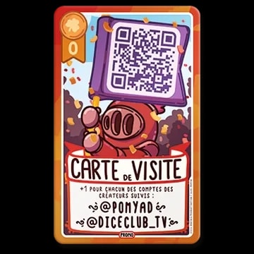 Carte à jouer Donjon & Procrastination "Blason Officiel" avec un sceau rouge, un gant tenant une carte, le chiffre 3, et un remerciement pour avoir rejoint l'aventure. Signée en haut à droite.