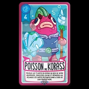Carte de jeu illustrée représentant un poisson rose en armure tenant un bouclier en cristal et un sceptre sous l'eau. Le titre est "Poisson de Korass" avec un texte de règle sur fond blanc.