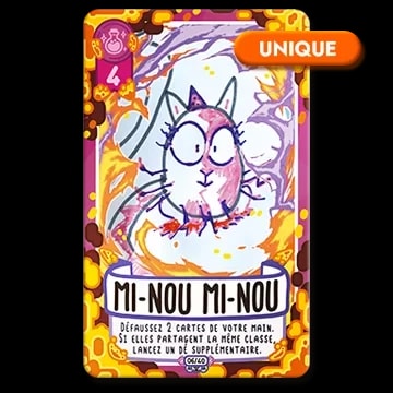 Carte de jeu "Mi-nou mi-nou" illustrée d'un chat aux grands yeux, avec une valeur de 4, une étiquette "Unique" et un texte expliquant l'effet de la carte dans le jeu.